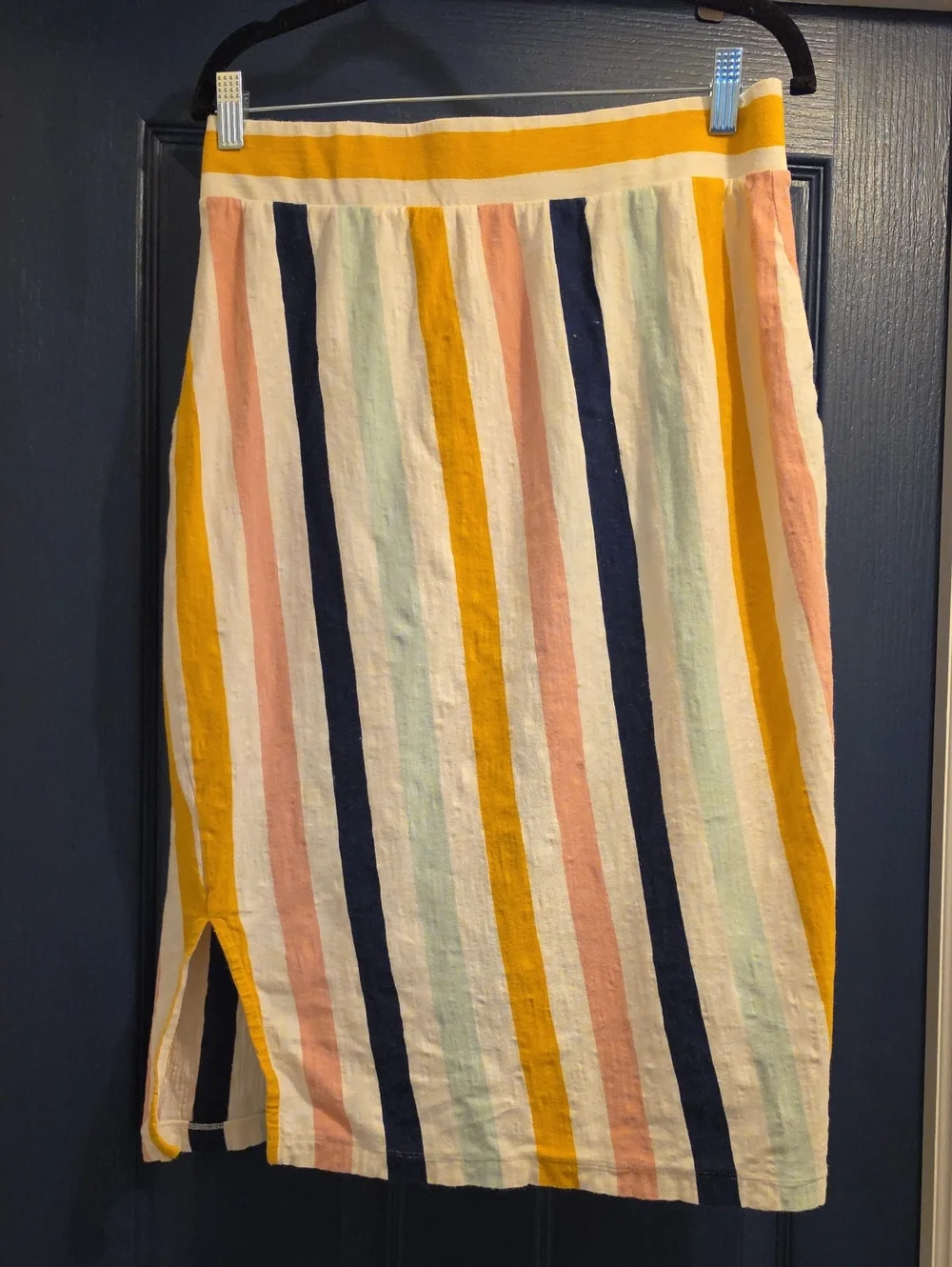 DownEast Striped Midi Pencil Skirt in Mustard, Navy & Blush